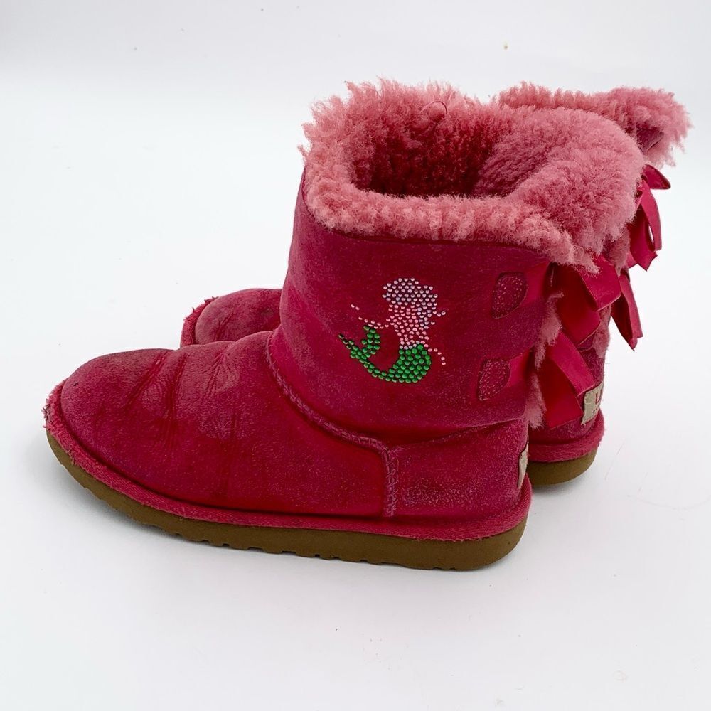 UGG bright pink double Bailey Bow girls size 2 with added gemstone mermaid